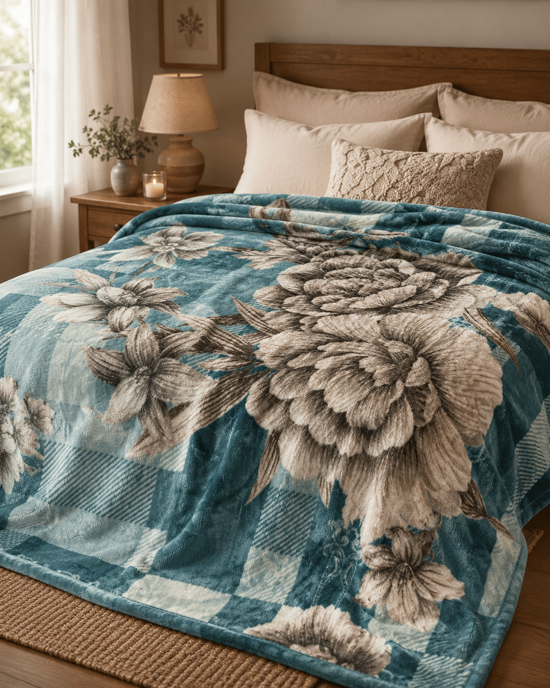 Blue & Grey Roses 2Ply Blanket